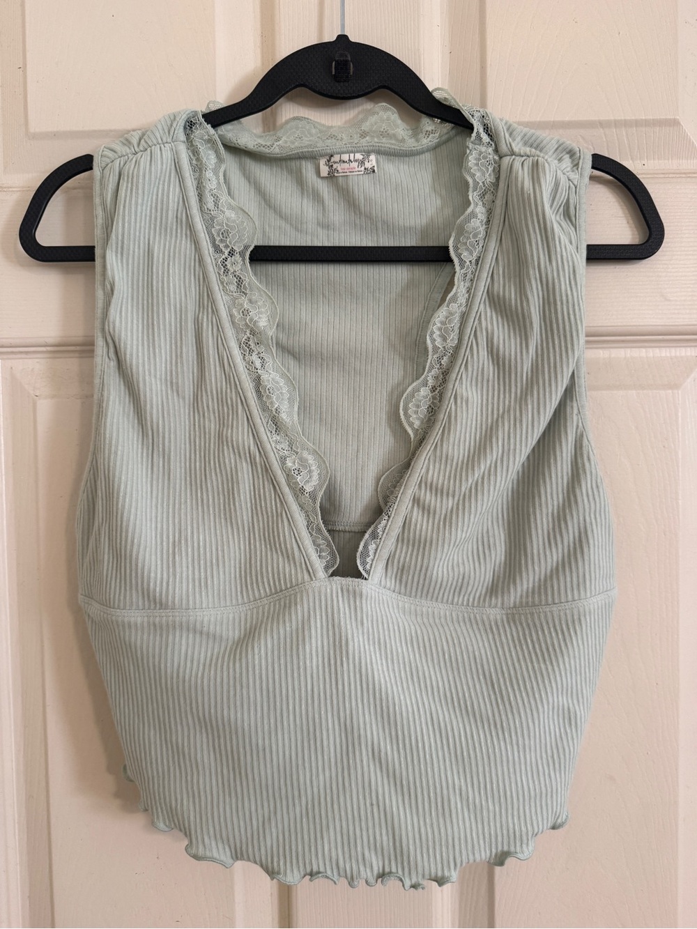 Free People Ribbed Lace-Trim V-Neck Tank Top - Sage Green